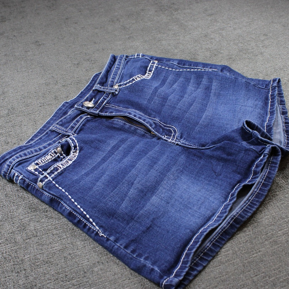 H&Y Fashion Womens Embellished Denim Shorts Blue Thick Stitch Wing Pockets 11/12